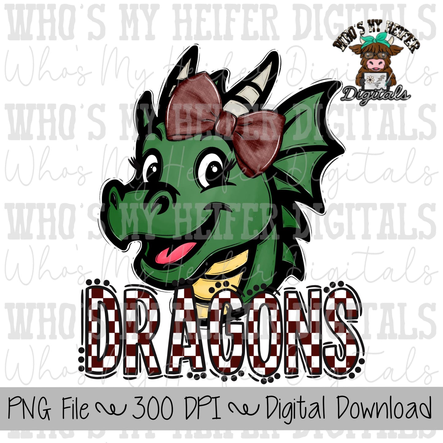 Maroon & White Dragons PNG Hand Drawn Dragon with Bow Sublimation PNG Game Day Shirt Designs School Spirit PNG Checkered Dragon Doodle Art