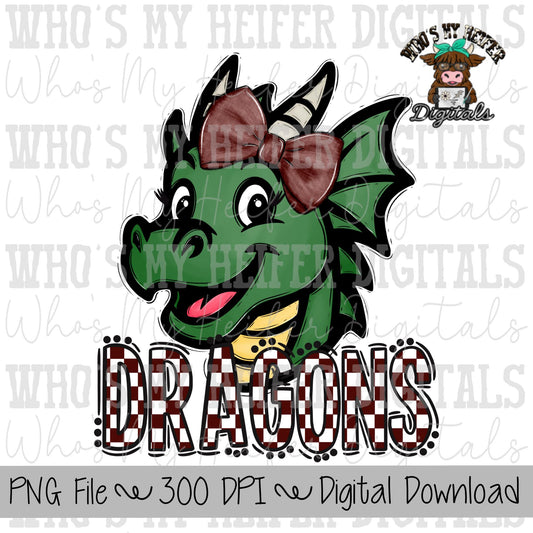 Maroon & White Dragons PNG Hand Drawn Dragon with Bow Sublimation PNG Game Day Shirt Designs School Spirit PNG Checkered Dragon Doodle Art