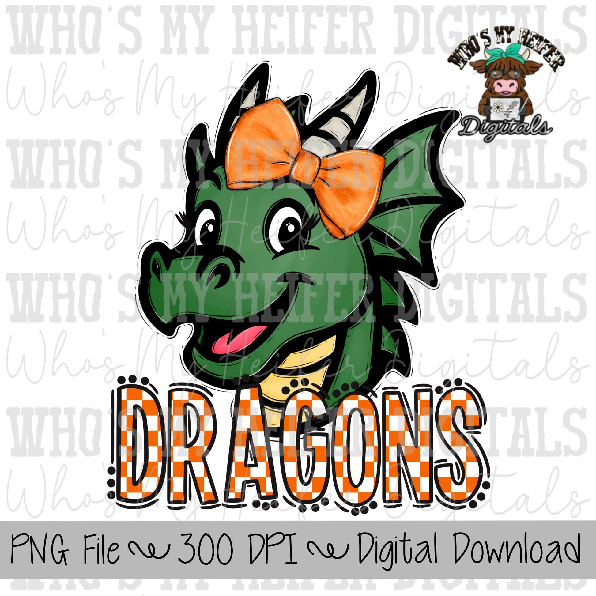 Orange & White Dragons PNG Hand Drawn Dragon with Bow Sublimation PNG Game Day Shirt Designs School Spirit PNG Checkered Dragon Doodle Art