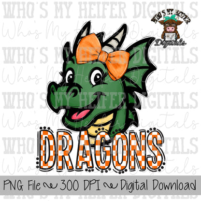 Orange & White Dragons PNG Hand Drawn Dragon with Bow Sublimation PNG Game Day Shirt Designs School Spirit PNG Checkered Dragon Doodle Art