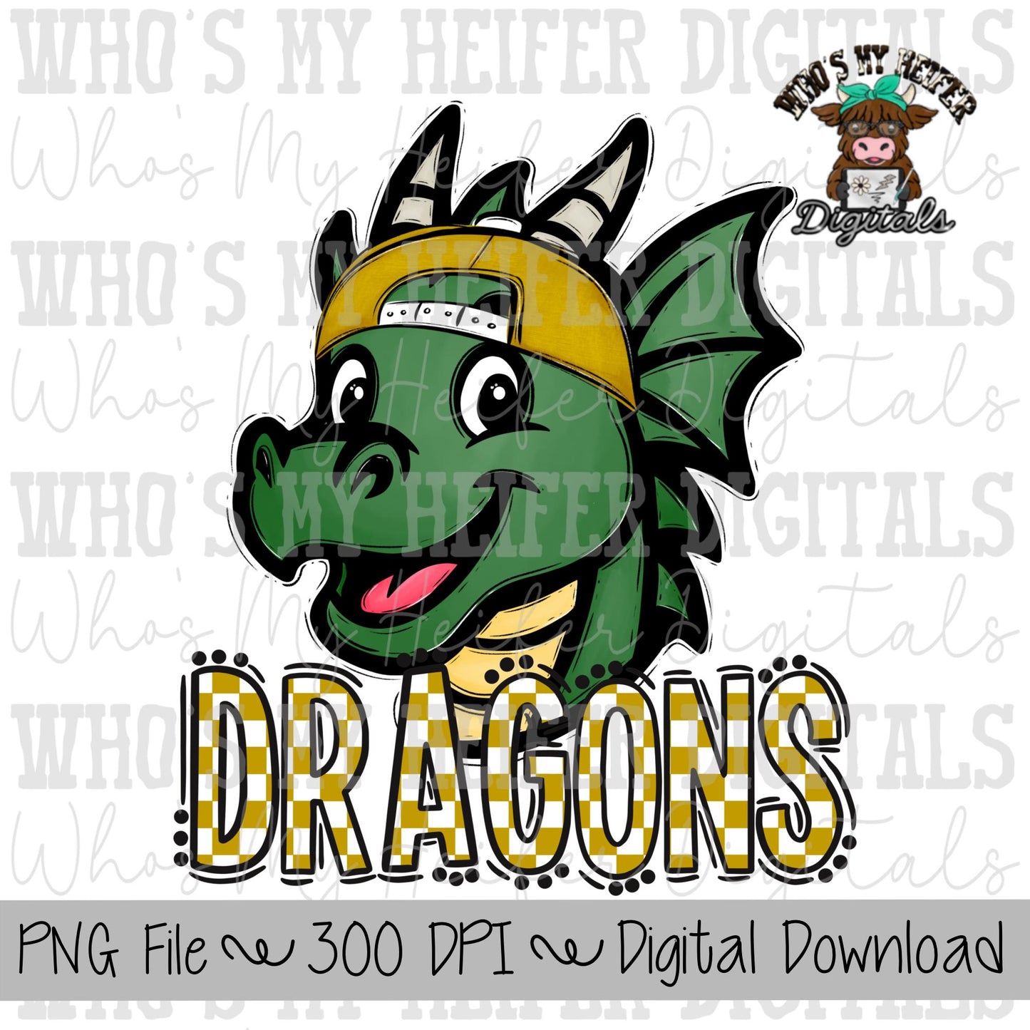 Gold & White Dragons PNG Hand Drawn Dragon with Hat Sublimation PNG Game Day Shirt Designs School Spirit PNG Checkered Dragon Doodle Art