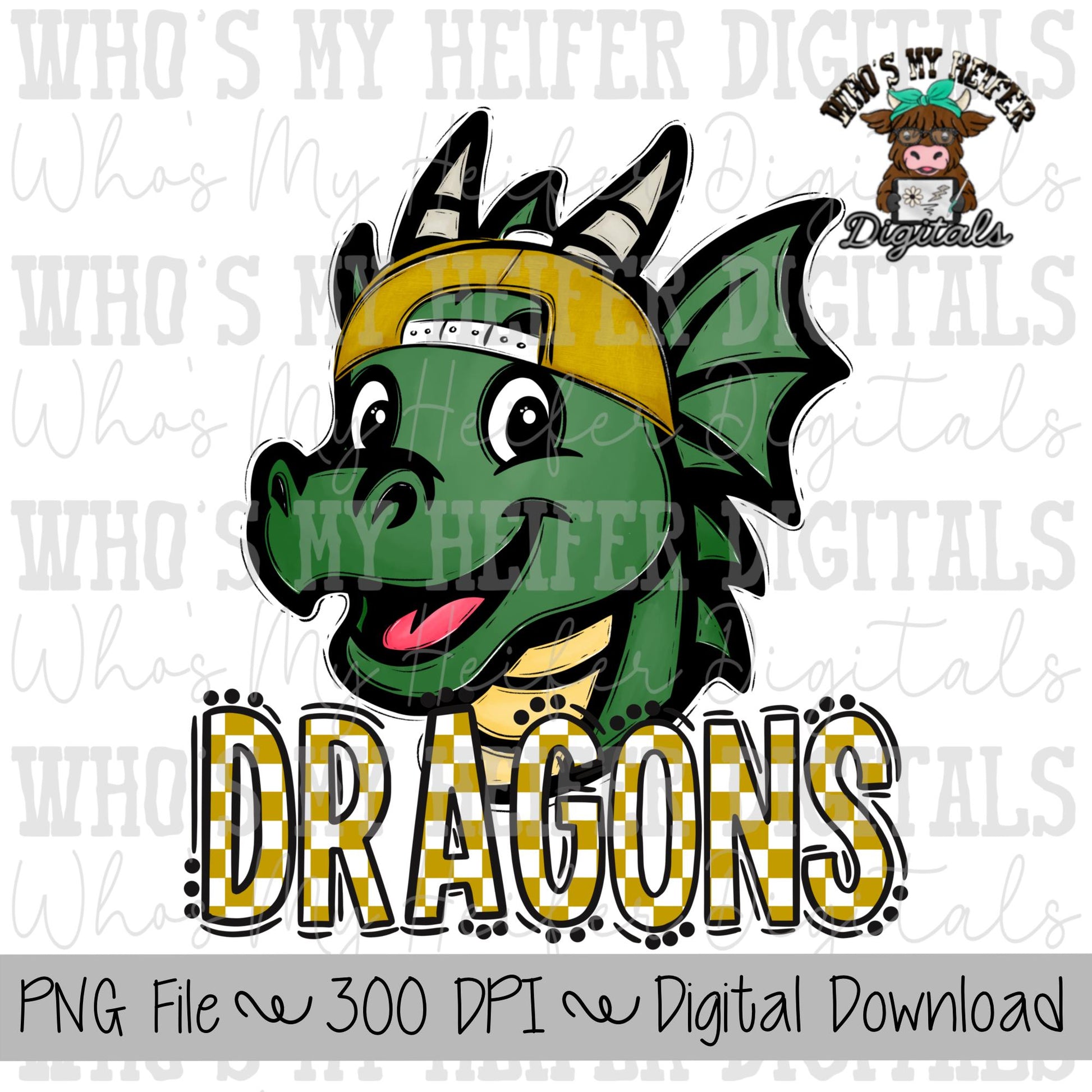 Gold & White Dragons PNG Hand Drawn Dragon with Hat Sublimation PNG Game Day Shirt Designs School Spirit PNG Checkered Dragon Doodle Art