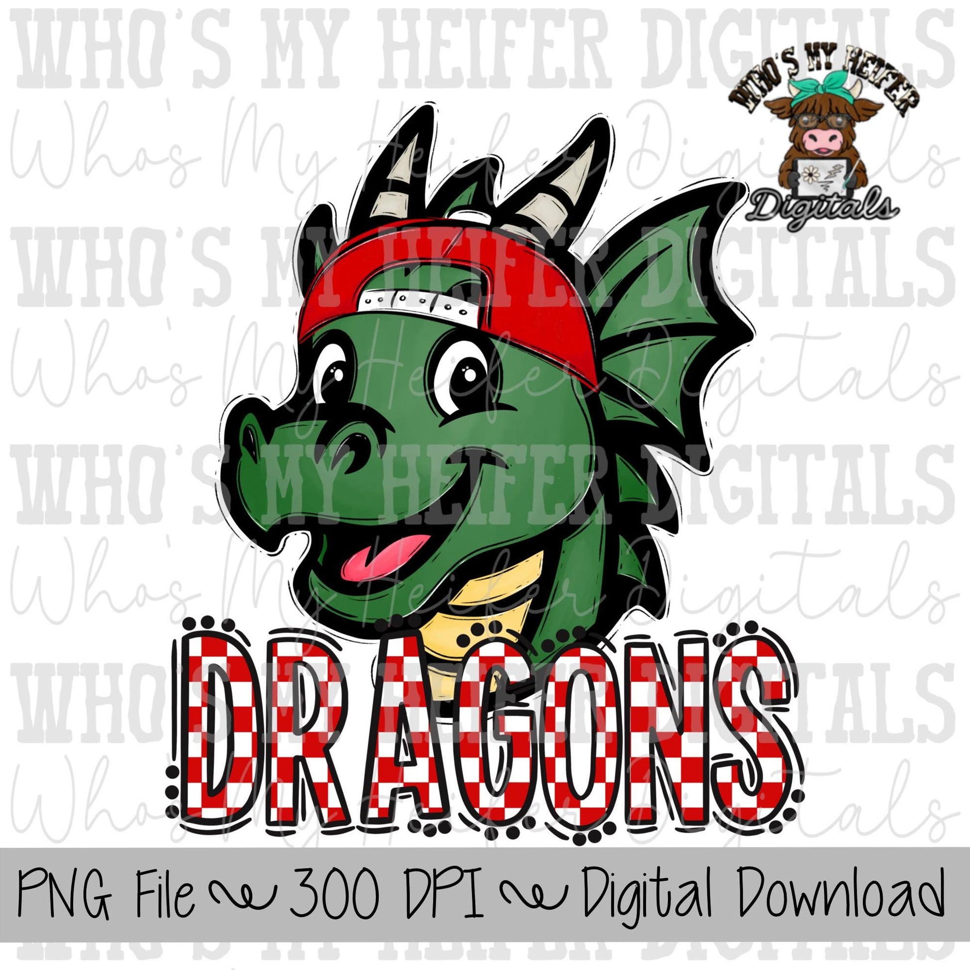 Red & White Dragons PNG Hand Drawn Dragon with Hat Sublimation PNG Game Day Shirt Designs School Spirit PNG Checkered Dragon Doodle Art