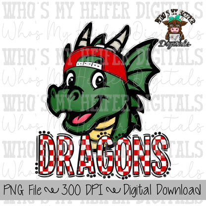 Red & White Dragons PNG Hand Drawn Dragon with Hat Sublimation PNG Game Day Shirt Designs School Spirit PNG Checkered Dragon Doodle Art