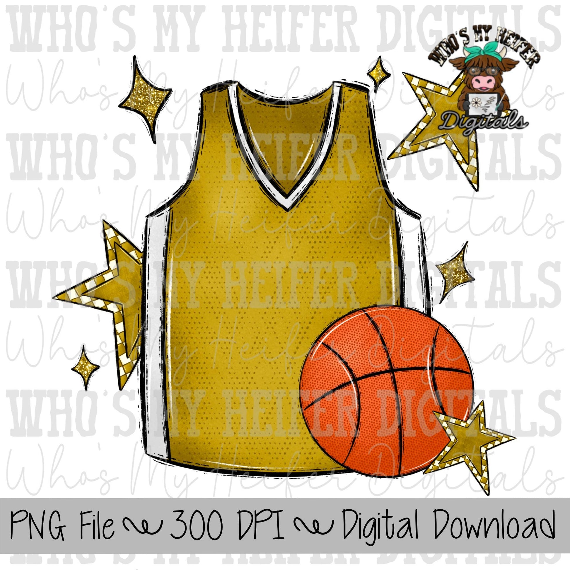 Gold and White Basketball PNG Hand Drawn Basketball & Basketball Jersey Sublimation PNG Retro Game Day Shirt Design Checkered Stars Clipart