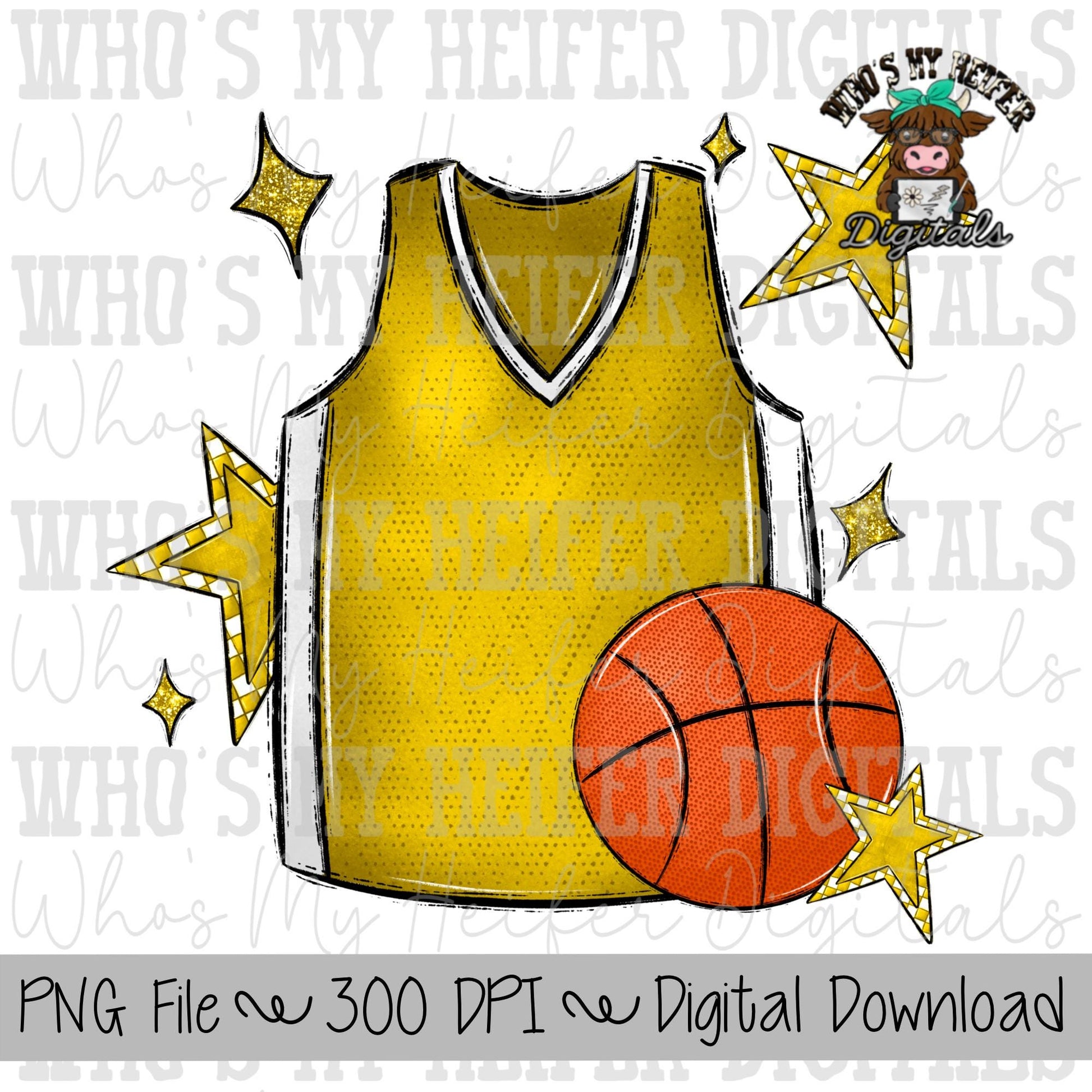 Yellow and White Basketball PNG Hand Drawn Basketball & Basketball Jersey Sublimation PNG Retro Game Day Shirt Design Checkered Star Clipart