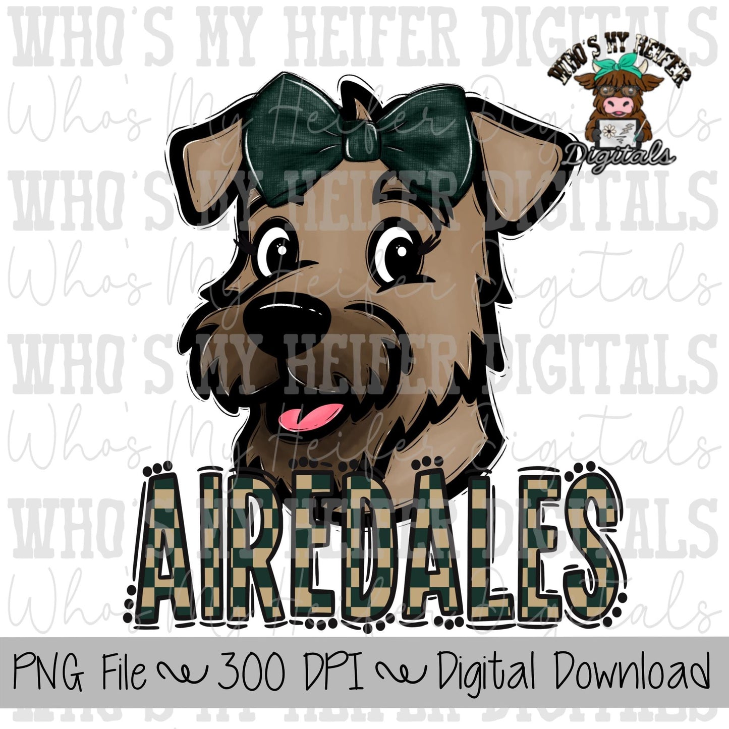 Green & Gold Airedale PNG Hand Drawn Airedale with Bow Sublimation PNG Game Day Shirt Design School Spirit Checkered Airedale Kids Mascot