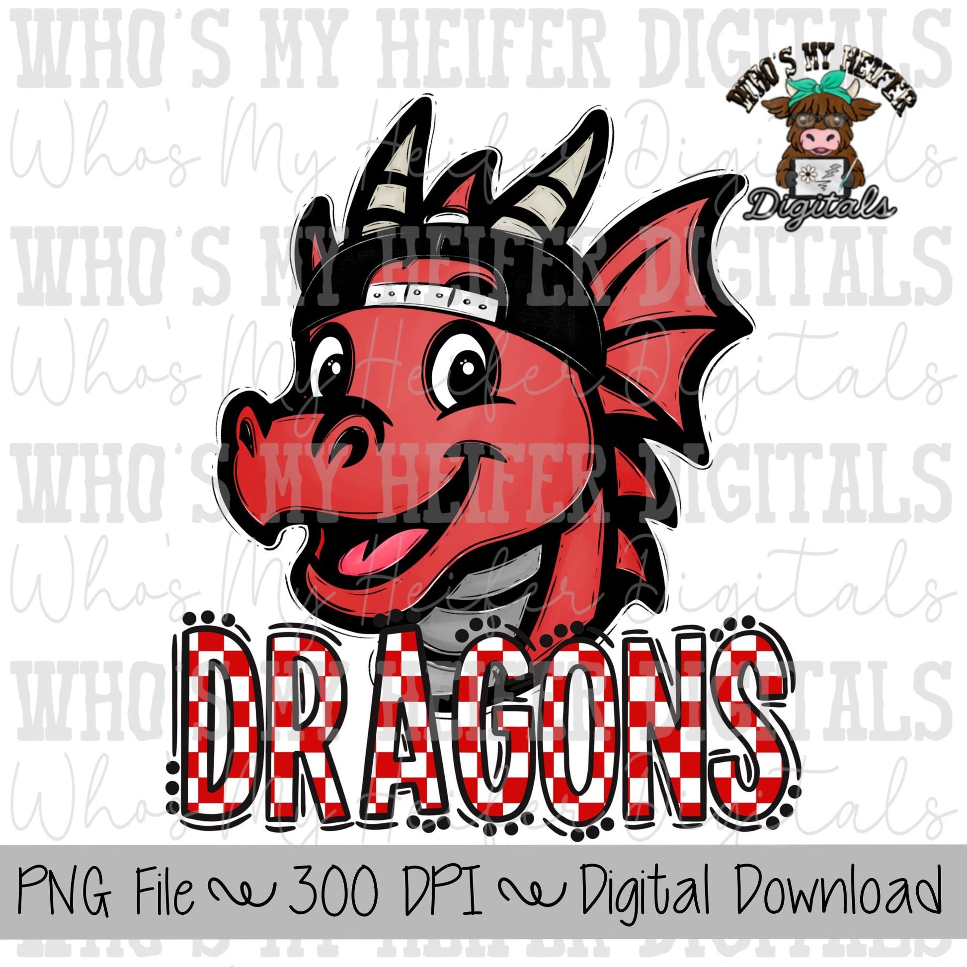 Red & Black Dragons PNG Hand Drawn Dragon with Hat Sublimation PNG Game Day Shirt Designs School Spirit PNG Checkered Dragon Doodle Art