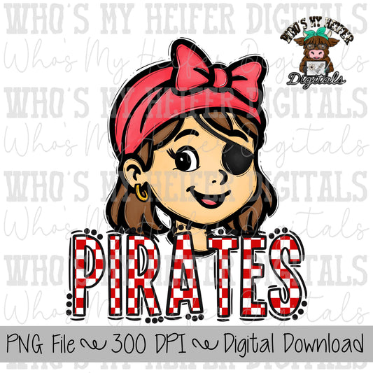 Red and White Pirate PNG Hand Drawn Pirate with Bow Sublimation Game Day Shirt Design School Spirit PNG Checkered Pirate Kids Mascot Doodle