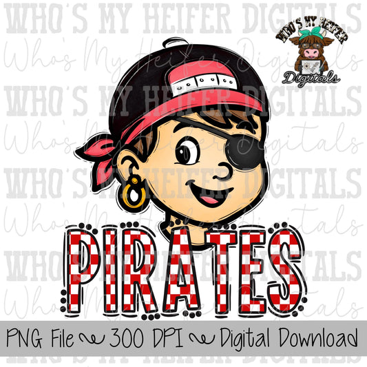 Red & White Pirate PNG Hand Drawn Pirate with Hat Sublimation PNG Game Day Shirt Design School Spirit PNG Checkered Pirate Kid Mascot Doodle