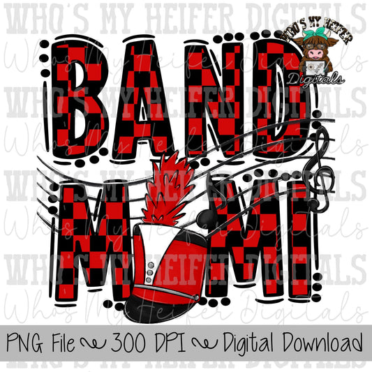 Red and Black Band Mimi PNG Hand Drawn Checkered Band Grandma Sublimation PNG Band Game Day Shirt Design Marching Band Mimi Digital Art