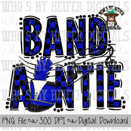 Blue and Black Band Auntie PNG Hand Drawn Checkered Band Aunt Sublimation PNG Band Game Day Shirt Design Marching Band Auntie Digital Art