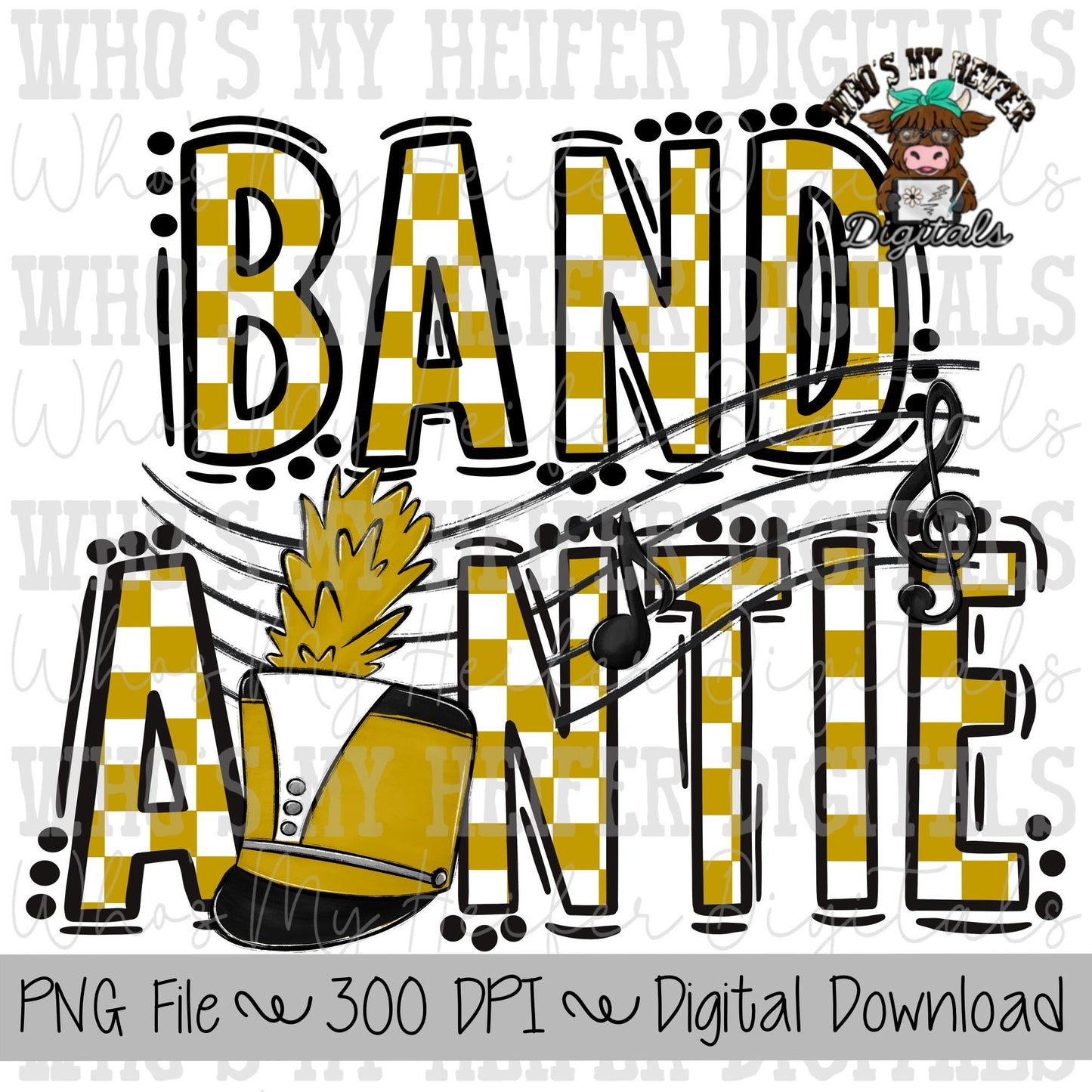 Gold and White Band Auntie PNG Hand Drawn Checkered Band Aunt Sublimation PNG Band Game Day Shirt Design Marching Band Auntie Digital Art