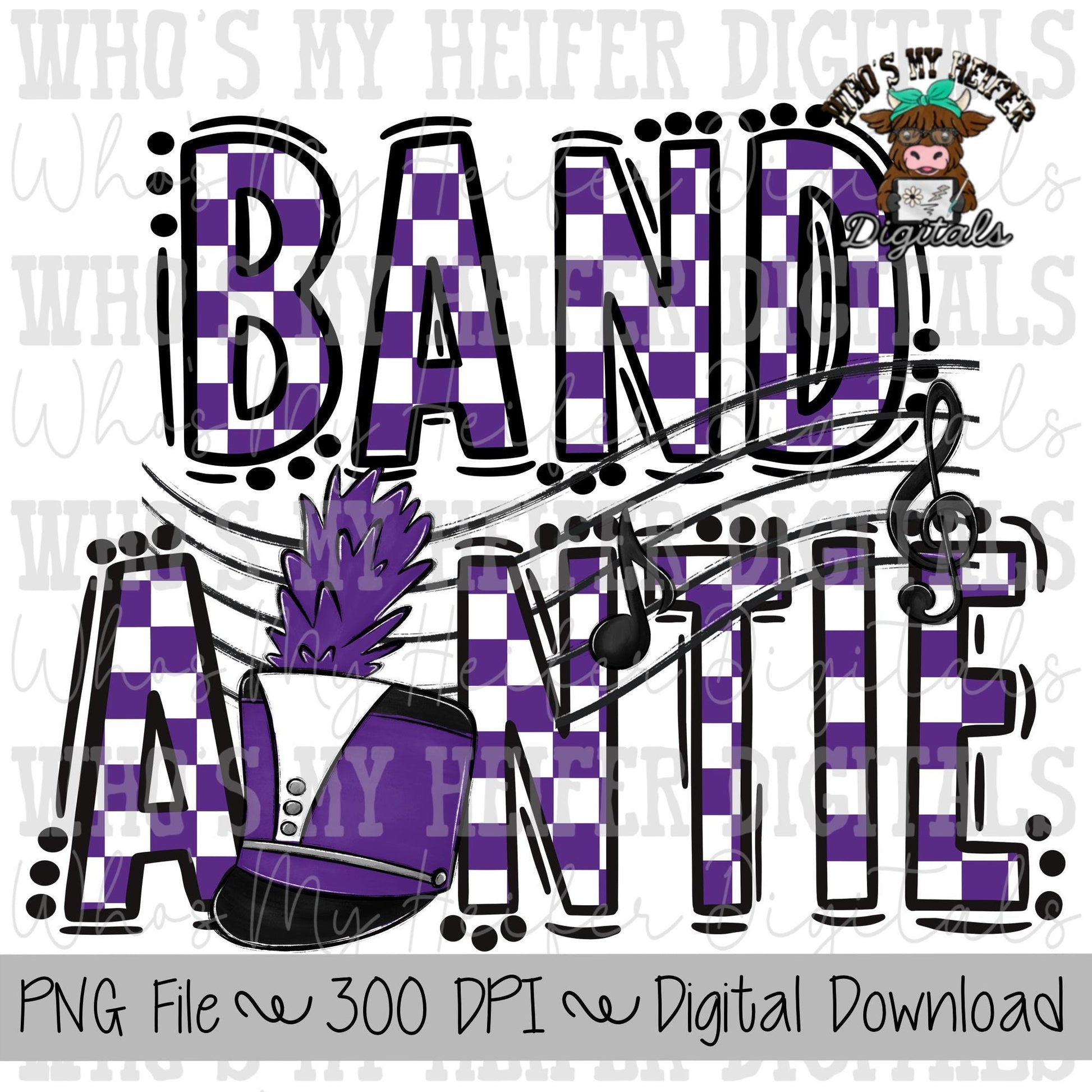 Purple and White Band Auntie PNG Hand Drawn Checkered Band Aunt Sublimation PNG Band Game Day Shirt Design Marching Band Auntie Digital Art
