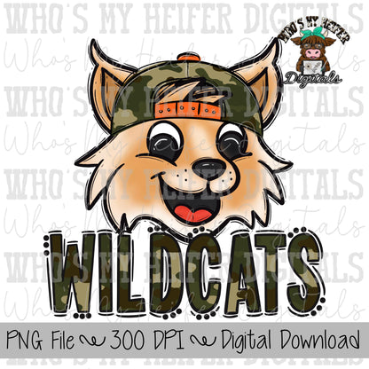 Camo Wildcat PNG Hand Drawn Wildcat with Hat Sublimation PNG Game Day Shirt Design School Spirit PNG Camouflage Wildcats Doodle Art