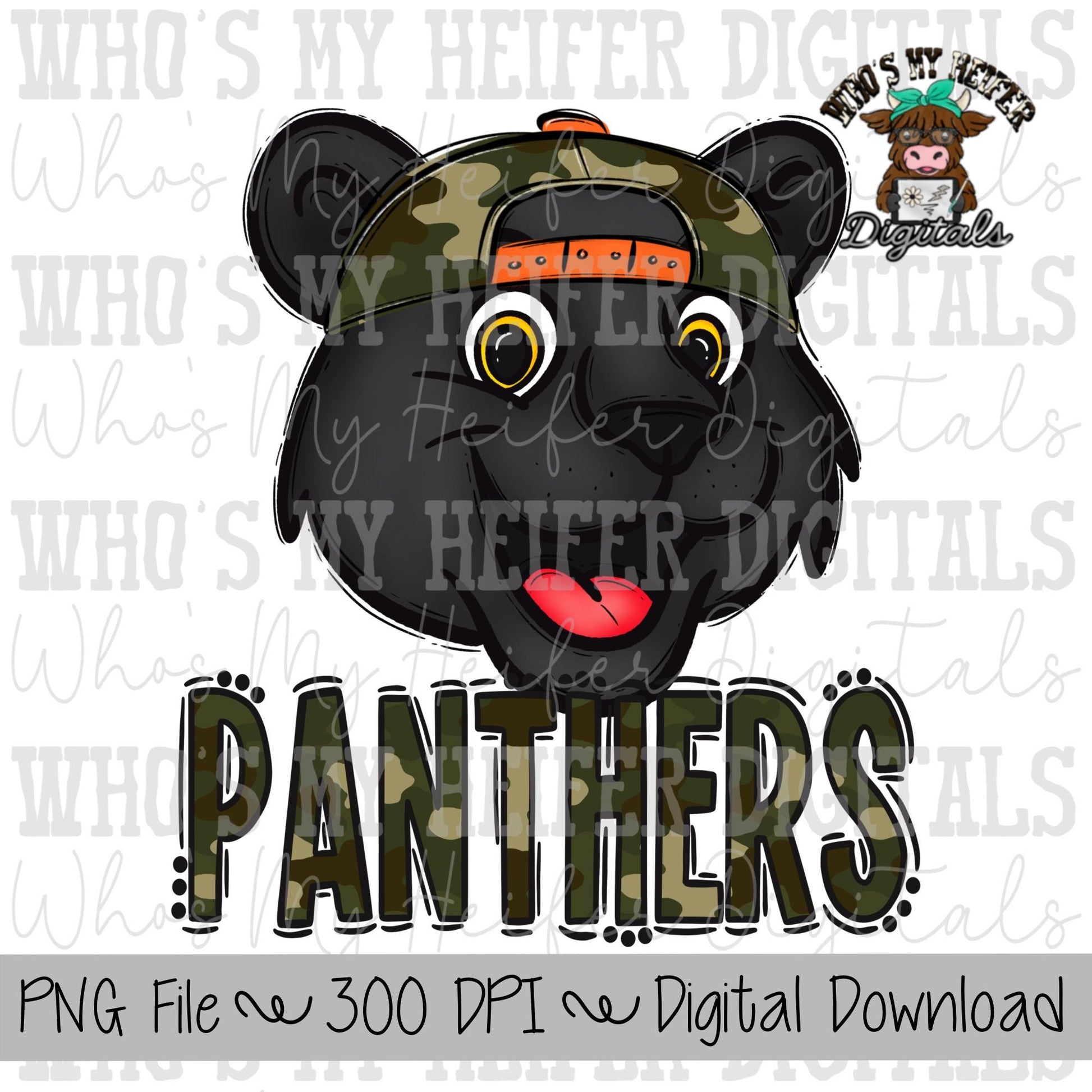 Camo Hat Panthers PNG Hand Drawn Panther with Hat Sublimation PNG Game Day Shirt Design School Spirit PNG Camouflage Panther Doodle Art