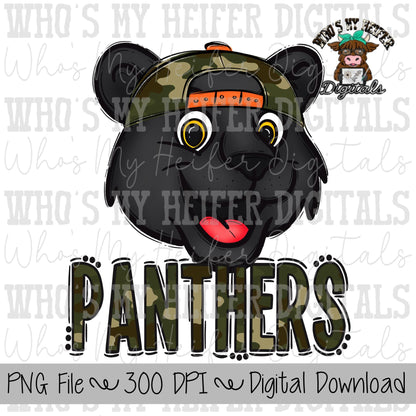 Camo Hat Panthers PNG Hand Drawn Panther with Hat Sublimation PNG Game Day Shirt Design School Spirit PNG Camouflage Panther Doodle Art