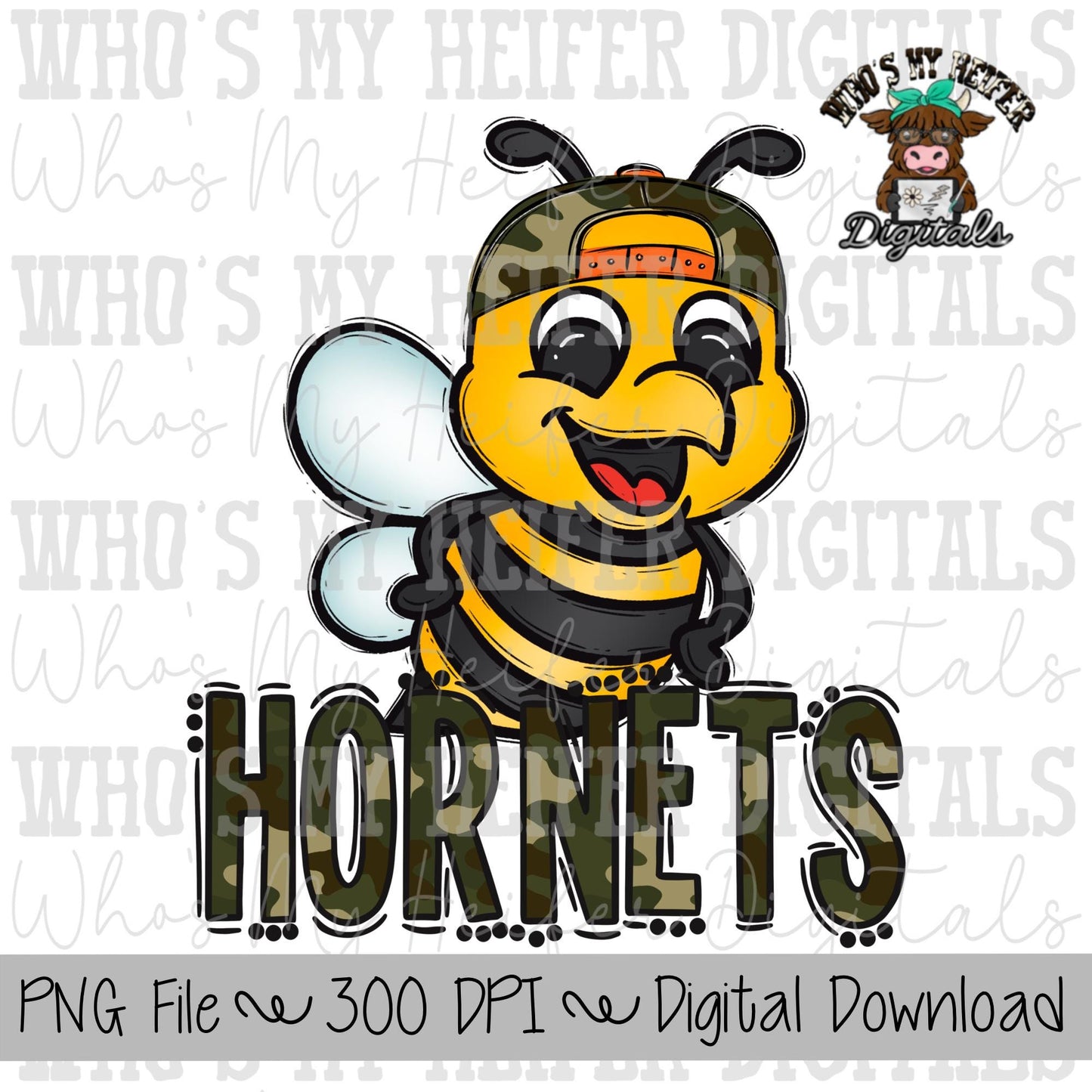 Camo Hat Hornet PNG Hand Drawn Hornet with Hat Sublimation PNG Game Day Shirt Designs School Spirit PNG Camouflage Hornets Doodle Art