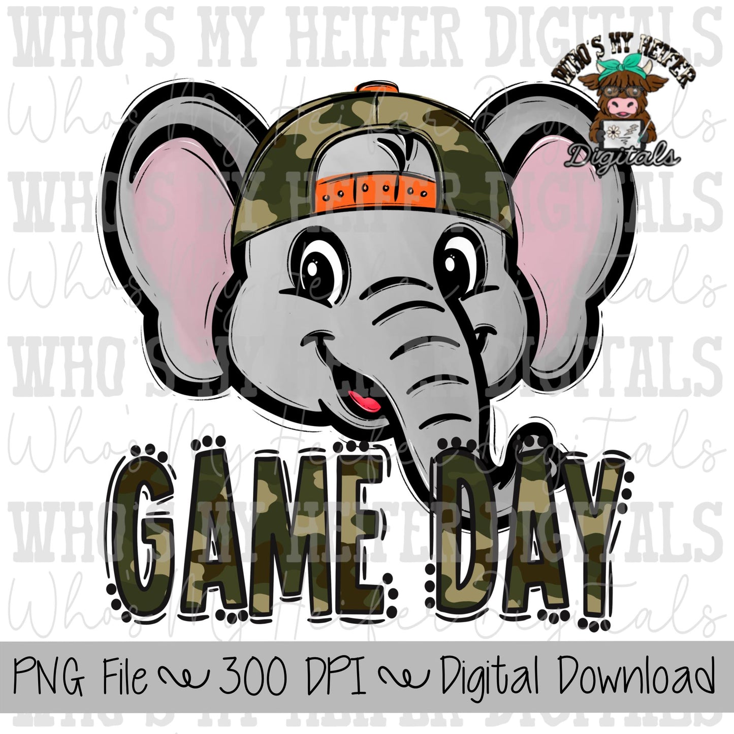Camo Hat Elephant PNG Hand Drawn Elephant with Hat Sublimation PNG Game Day Shirt Designs School Spirit PNG Camouflage Elephant Doodle Art
