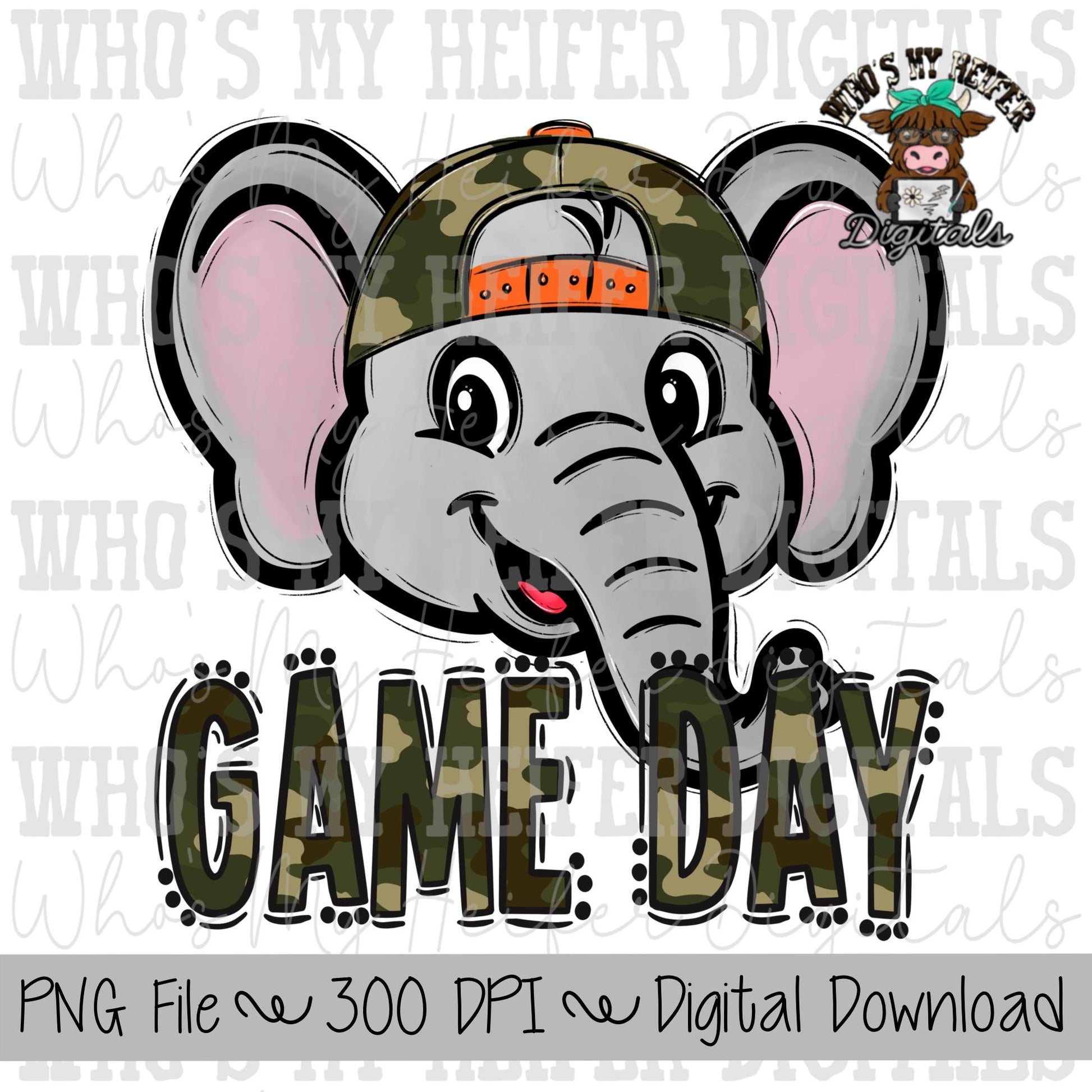 Camo Hat Elephant PNG Hand Drawn Elephant with Hat Sublimation PNG Game Day Shirt Designs School Spirit PNG Camouflage Elephant Doodle Art
