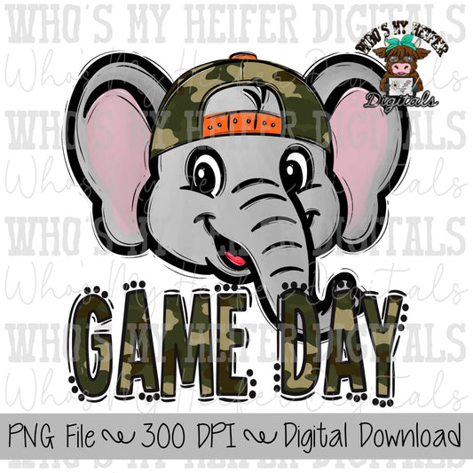 Camo Hat Elephant PNG Hand Drawn Elephant with Hat Sublimation PNG Game Day Shirt Designs School Spirit PNG Camouflage Elephant Doodle Art