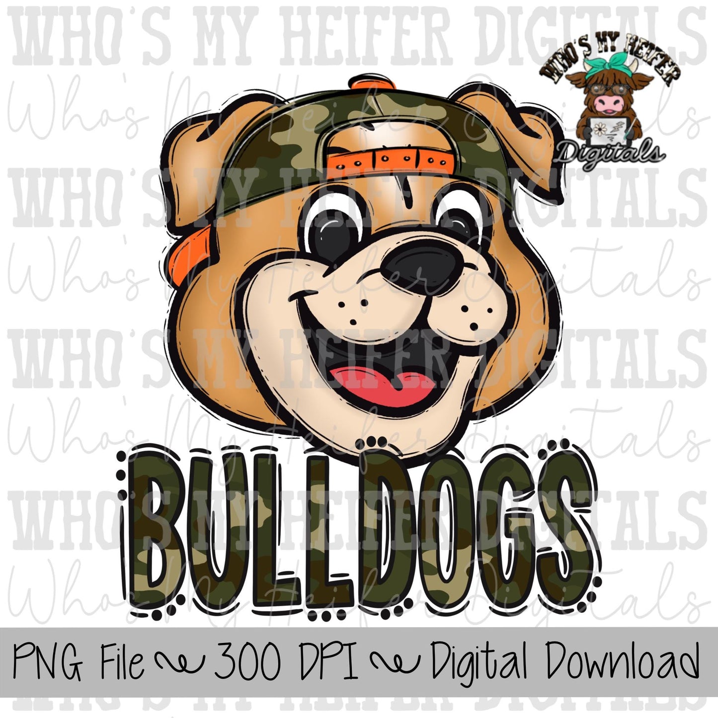 Camo Hat Bulldogs PNG Hand Drawn Bulldog with Hat Sublimation PNG Game Day Shirt Design School Spirit PNG Camouflage Bulldog Doodle Art