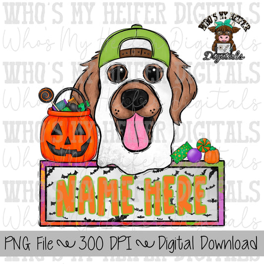 Ghost Dog with Hat Sublimation PNG Hand Drawn Golden Retriever Ghost Boy Name Black PNG File Boy Halloween Shirt Design Backward Hat PNG