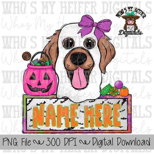 Ghost Dog with Bow Sublimation PNG Hand Drawn Golden Retriever Ghost Girl Name Black PNG File Girl Halloween Shirt Design Coquette Bow PNG