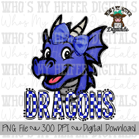 Blue & White Dragons PNG Hand Drawn Dragon with Bow Sublimation PNG Game Day Shirt Designs School Spirit PNG Checkered Dragon Doodle Art