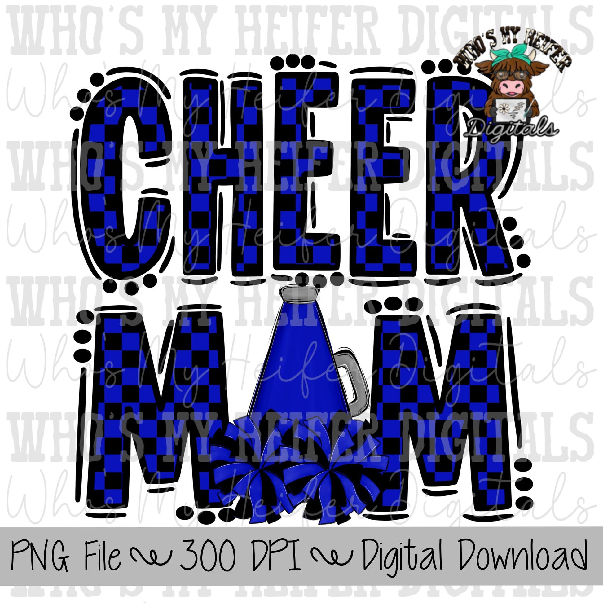 Blue and Black Cheer Mom PNG Hand Drawn Cheerleader Mom Sublimation Design Game Day Shirt Design Checkered Cheer Mama Digital Download