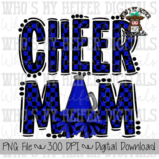 Blue and Black Cheer Mom PNG Hand Drawn Cheerleader Mom Sublimation Design Game Day Shirt Design Checkered Cheer Mama Digital Download