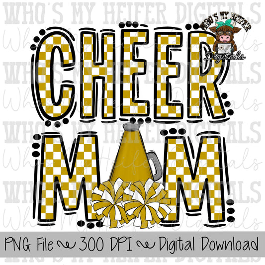 Gold and White Cheer Mom PNG Hand Drawn Cheerleader Mom Sublimation Design Game Day Shirt Design Checkered Cheer Mama Digital Download