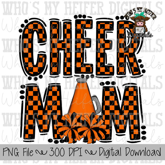 Orange and Black Cheer Mom PNG Hand Drawn Cheerleader Mom Sublimation Design Game Day Shirt Design Checkered Cheer Mama Digital Download