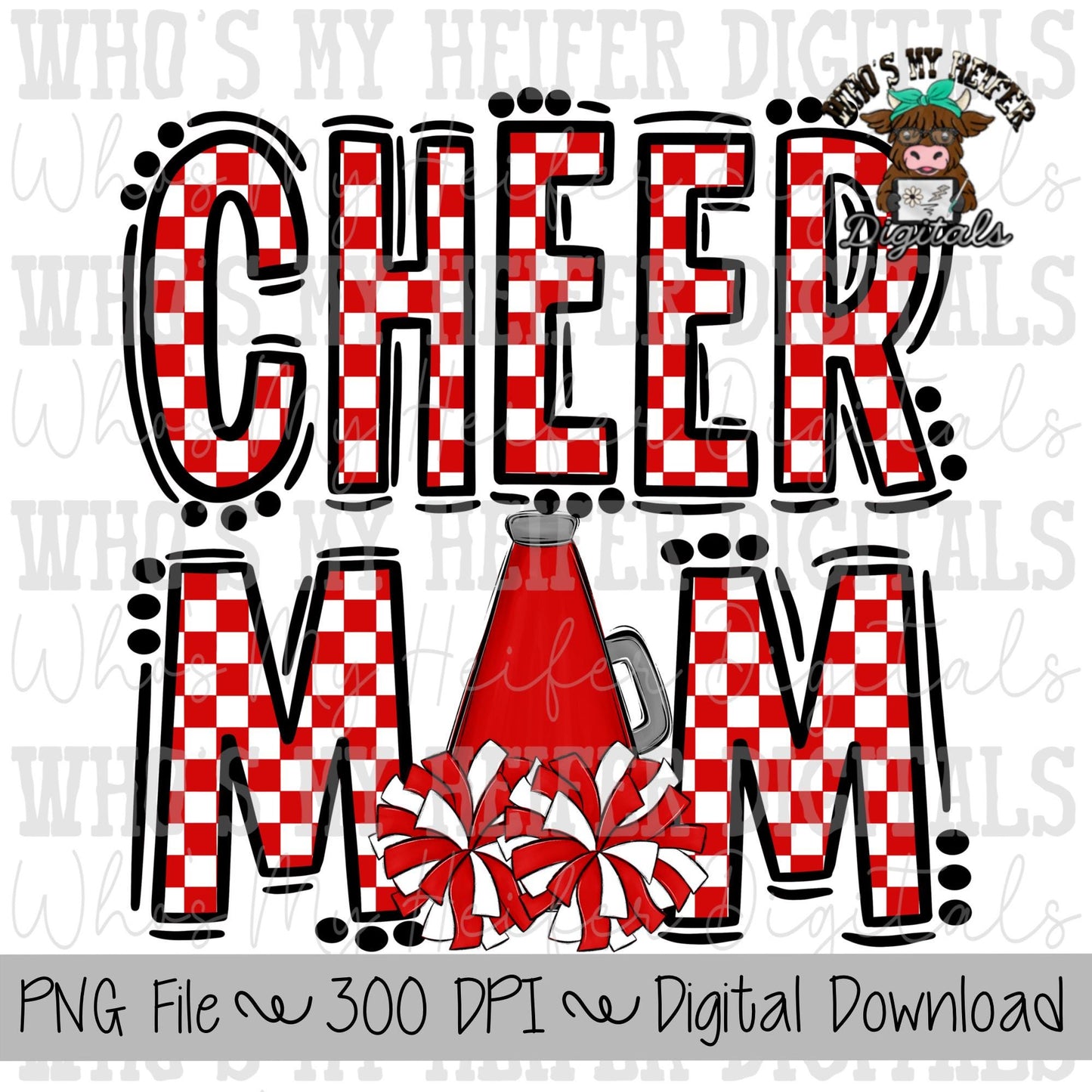 Red and White Cheer Mom PNG Hand Drawn Cheerleader Mom Sublimation Design Game Day Shirt Design Checkered Cheer Mama Digital Download