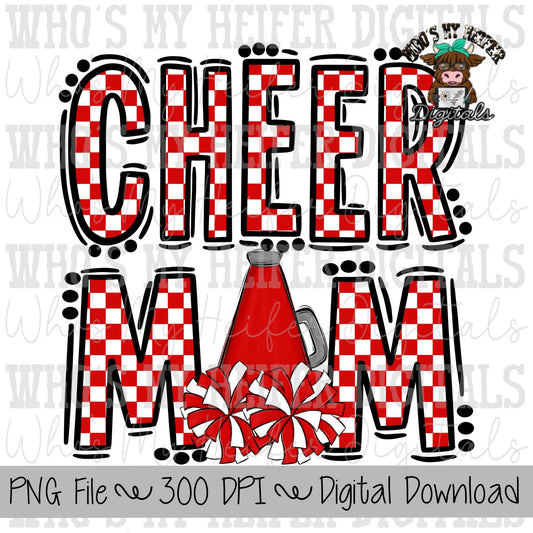 Red and White Cheer Mom PNG Hand Drawn Cheerleader Mom Sublimation Design Game Day Shirt Design Checkered Cheer Mama Digital Download