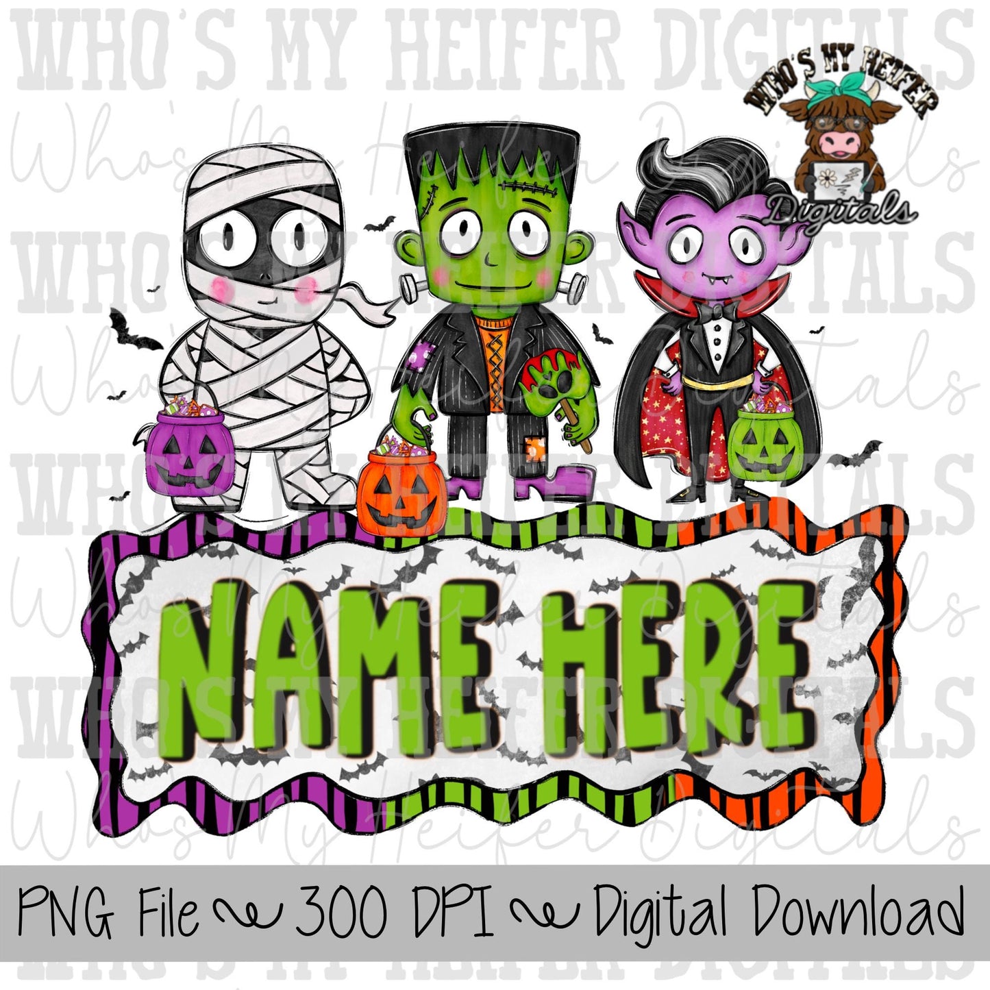 Halloween Monsters Trio Name Block Sublimation PNG Hand Drawn Boy Monsters PNG File Kids Halloween Shirt Design Frankenstein png Clipart