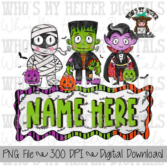 Halloween Monsters Trio Name Block Sublimation PNG Hand Drawn Boy Monsters PNG File Kids Halloween Shirt Design Frankenstein png Clipart