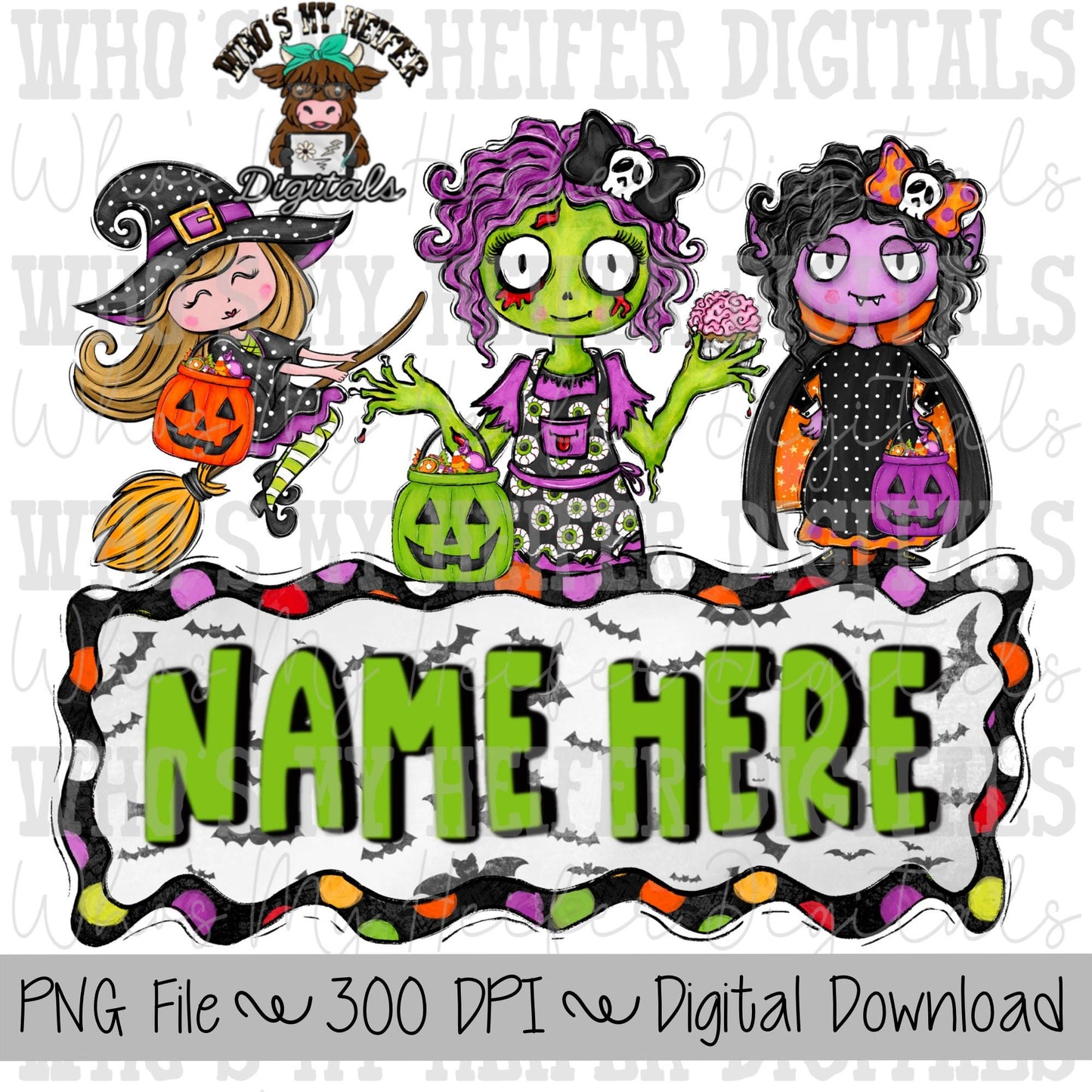 Halloween Monsters Trio Name Block Sublimation PNG Hand Drawn Girl Monsters PNG File Kids Halloween Shirt Design Frankenstein png Clipart