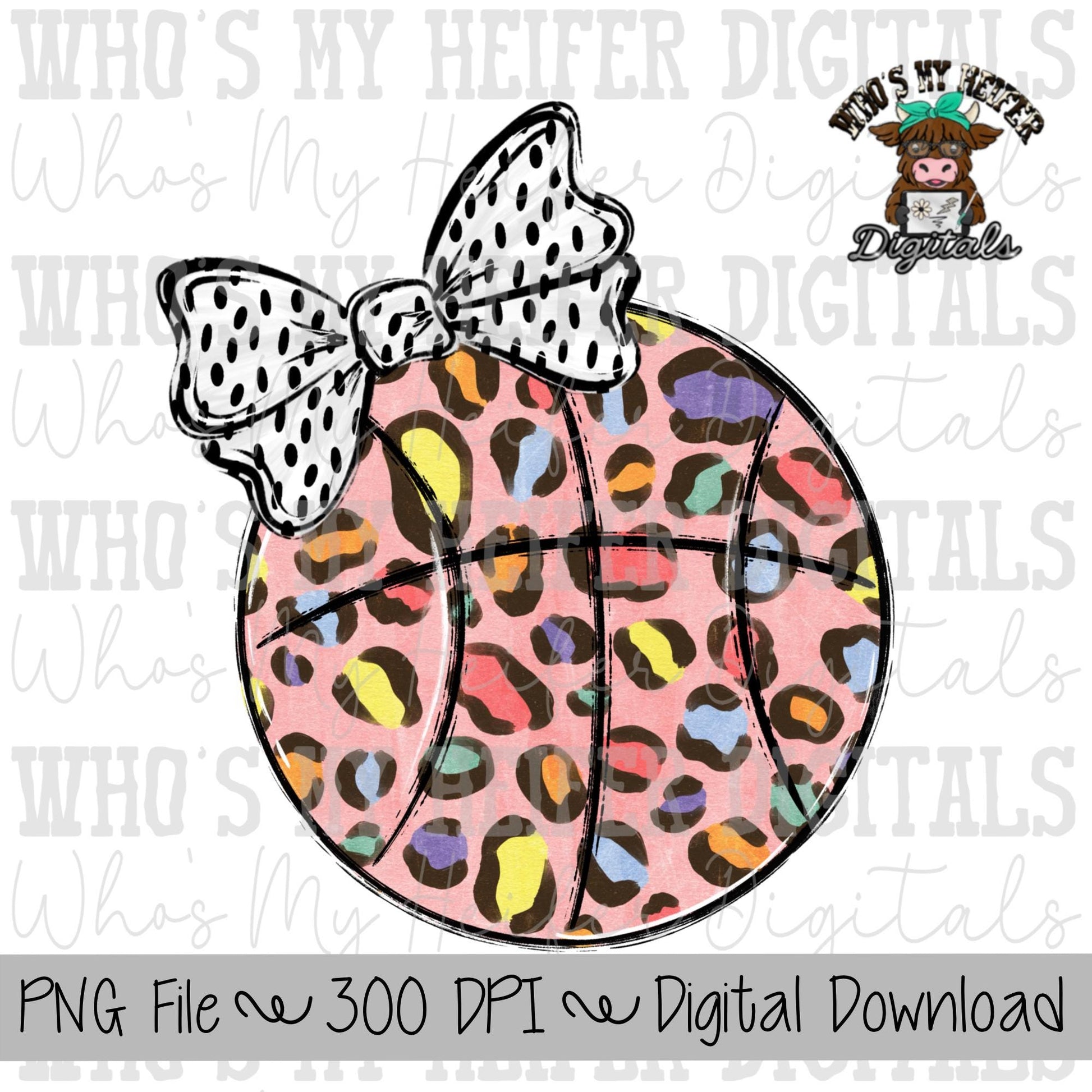 Pink Leopard Basketball PNG Hand Drawn Basketball with Bow Sublimation PNG Game Day Shirt Design School Spirit Digital Art Colorful Sports