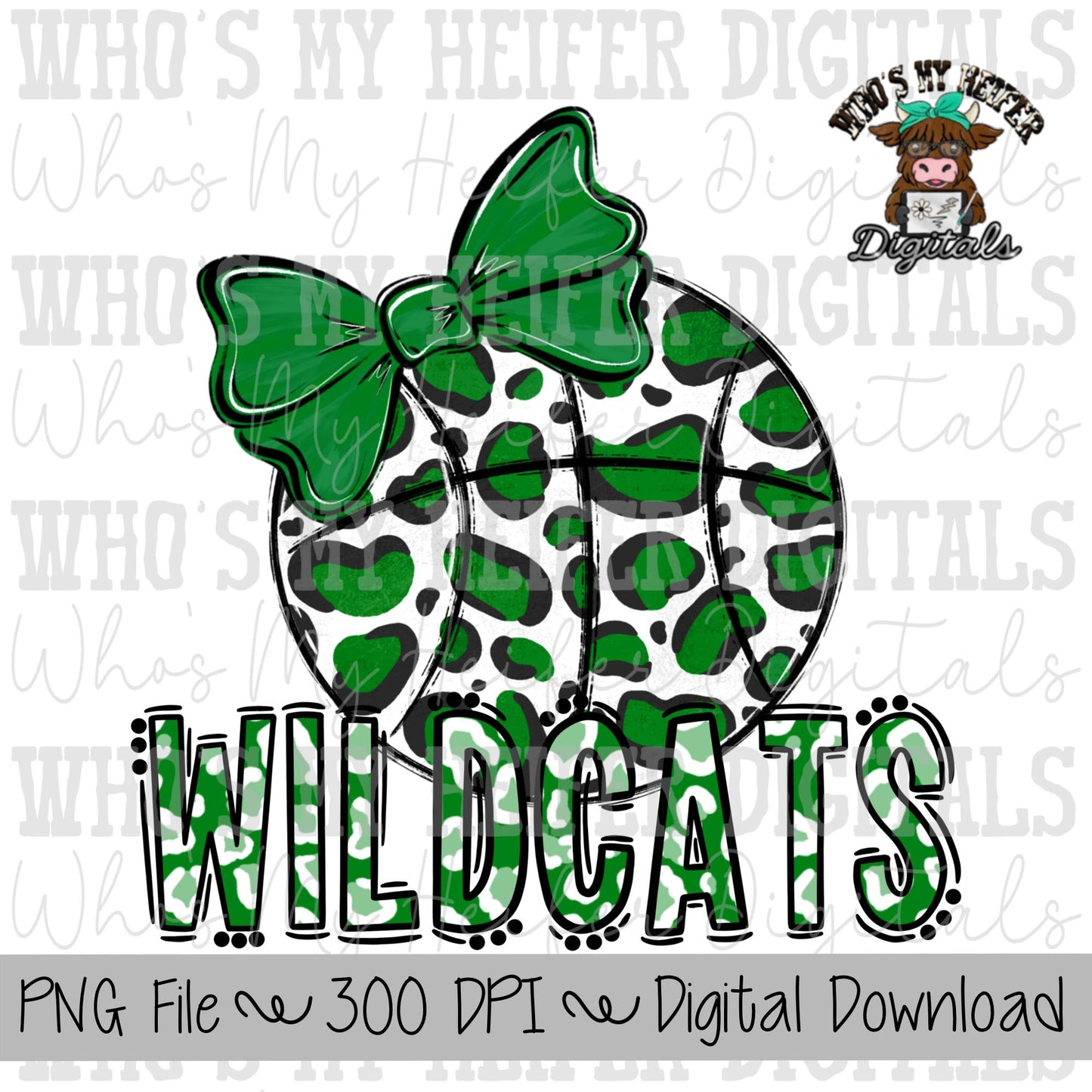 Green & White Wildcat PNG Hand Drawn Basketball with Bow Sublimation PNG Game Day Shirt Design School Spirit PNG Leopard Wildcats Doodle Art
