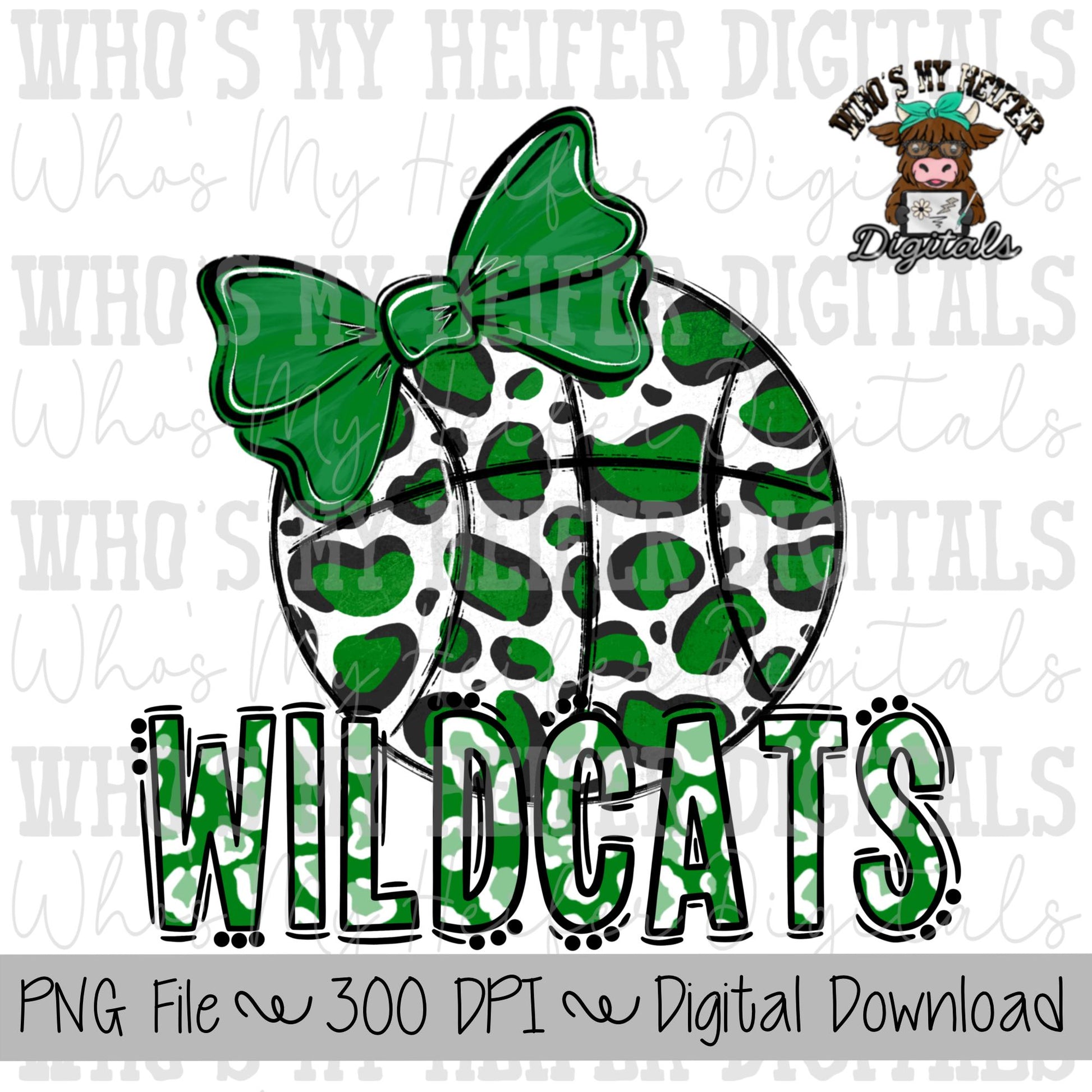 Green & White Wildcat PNG Hand Drawn Basketball with Bow Sublimation PNG Game Day Shirt Design School Spirit PNG Leopard Wildcats Doodle Art