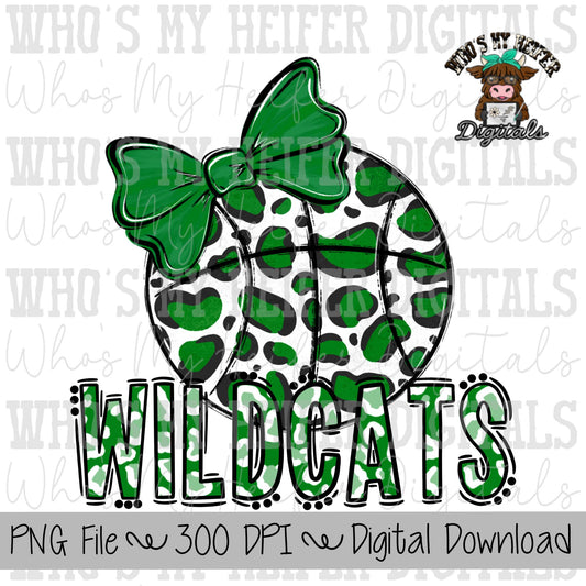Green & White Wildcat PNG Hand Drawn Basketball with Bow Sublimation PNG Game Day Shirt Design School Spirit PNG Leopard Wildcats Doodle Art