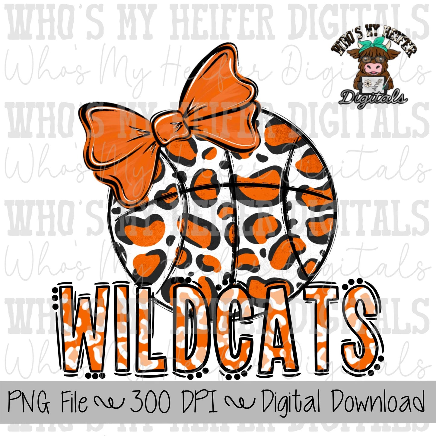 Orange & White Wildcat PNG Hand Drawn Basketball with Bow Sublimation PNG Game Day Shirt Design School Spirit PNG Leopard Wildcat Doodle Art