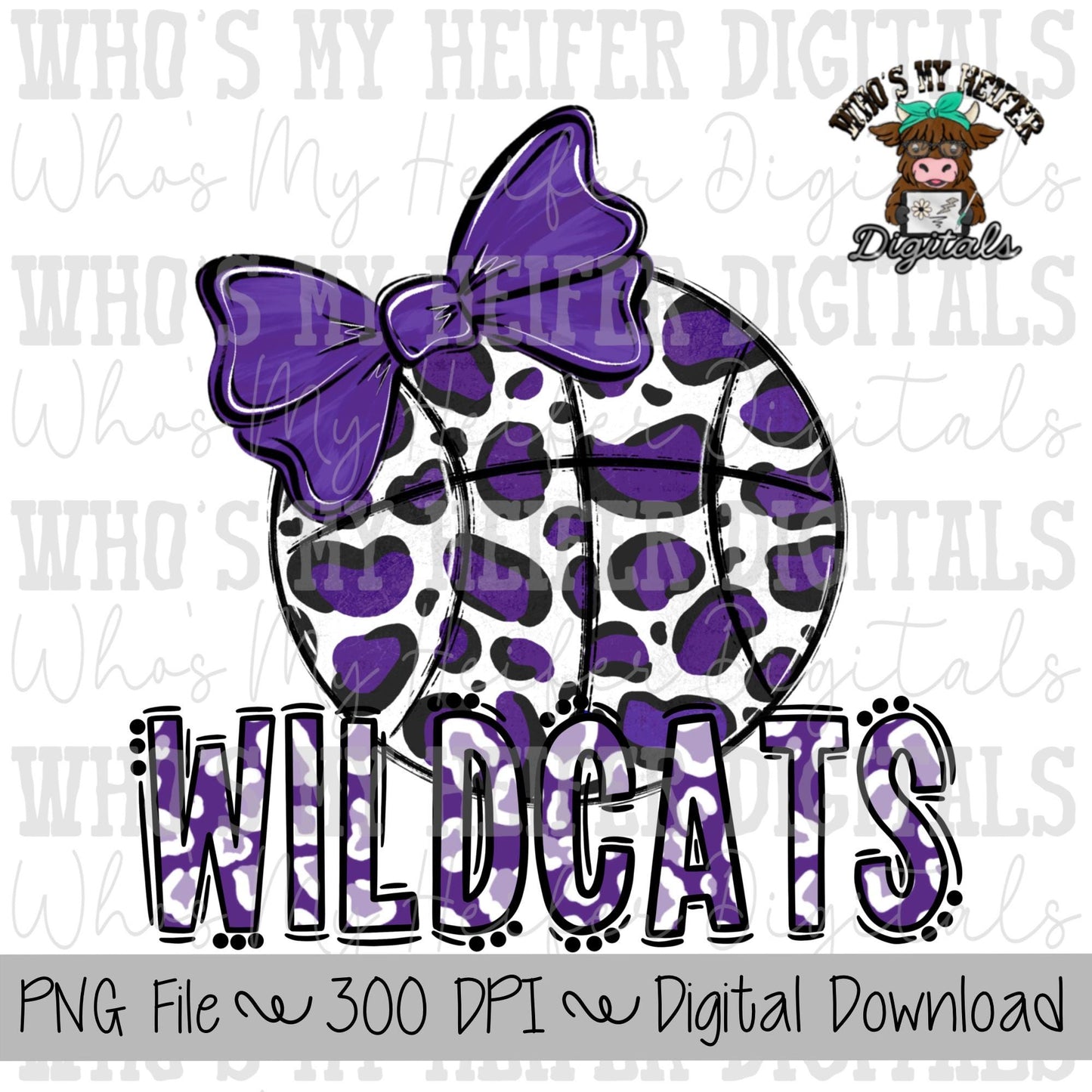Purple & White Wildcat PNG Hand Drawn Basketball with Bow Sublimation PNG Game Day Shirt Design School Spirit PNG Leopard Wildcat Doodle Art