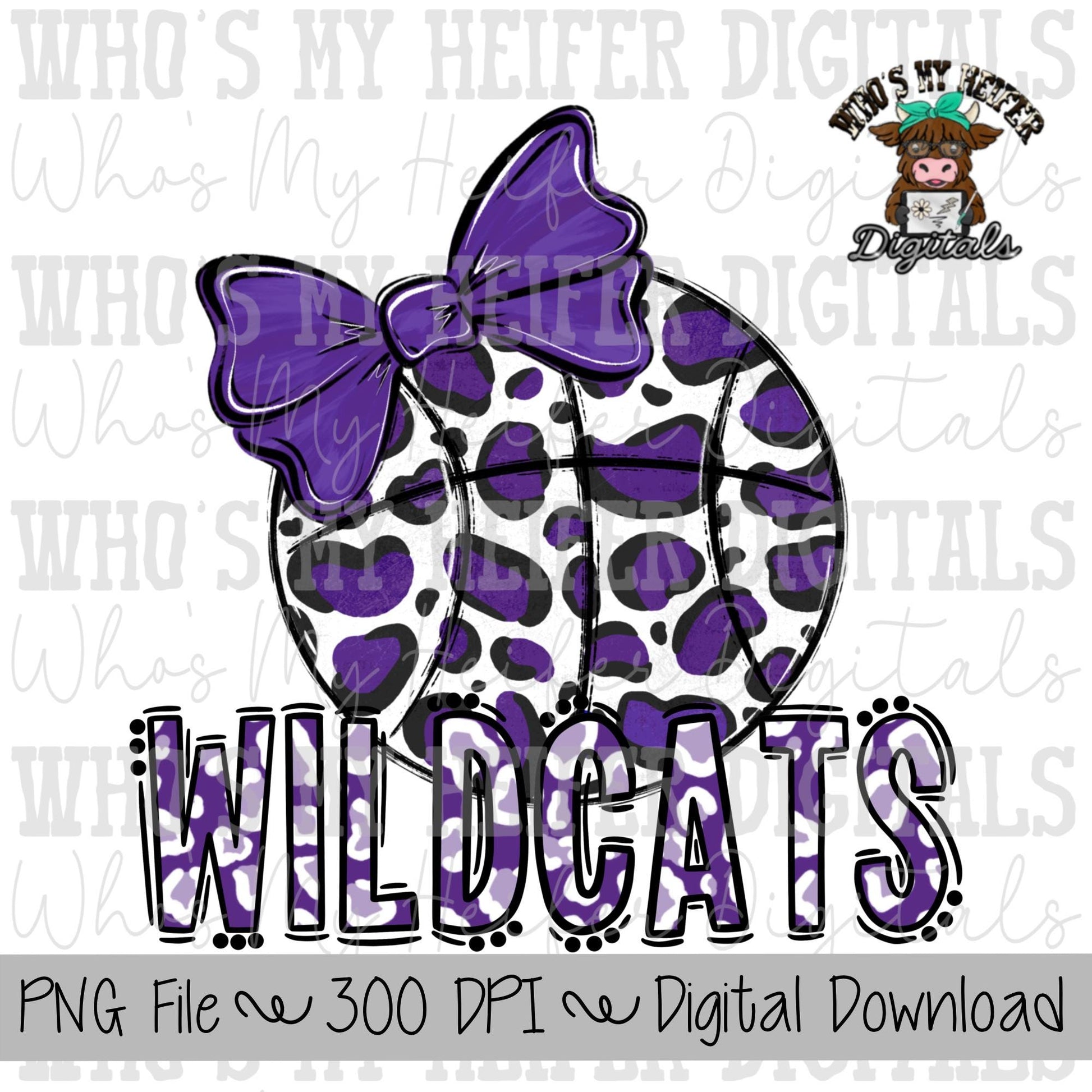 Purple & White Wildcat PNG Hand Drawn Basketball with Bow Sublimation PNG Game Day Shirt Design School Spirit PNG Leopard Wildcat Doodle Art