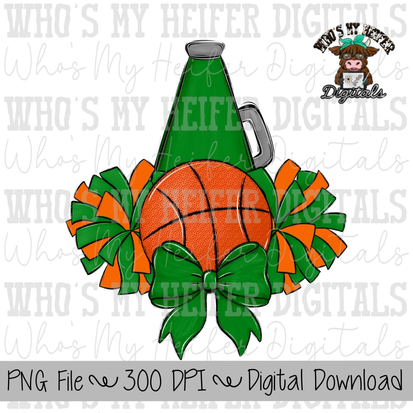 Green and Orange Basketball Cheer PNG Hand Drawn Basketball, Pompoms & Cheer Bow Sublimation Design Girl Game Day Shirt Design Cheer Clipart