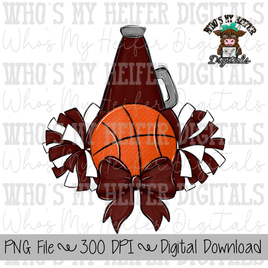 Maroon and White Basketball Cheer PNG Hand Drawn Basketball, Pompoms, & Cheer Bow Sublimation PNG Girl Game Day Shirt Design Cheer Clipart