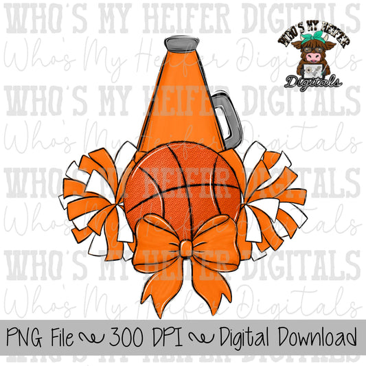 Orange and White Basketball Cheer PNG Hand Drawn Basketball, Pompoms, & Cheer Bow Sublimation PNG Girl Game Day Shirt Design Cheer Clipart