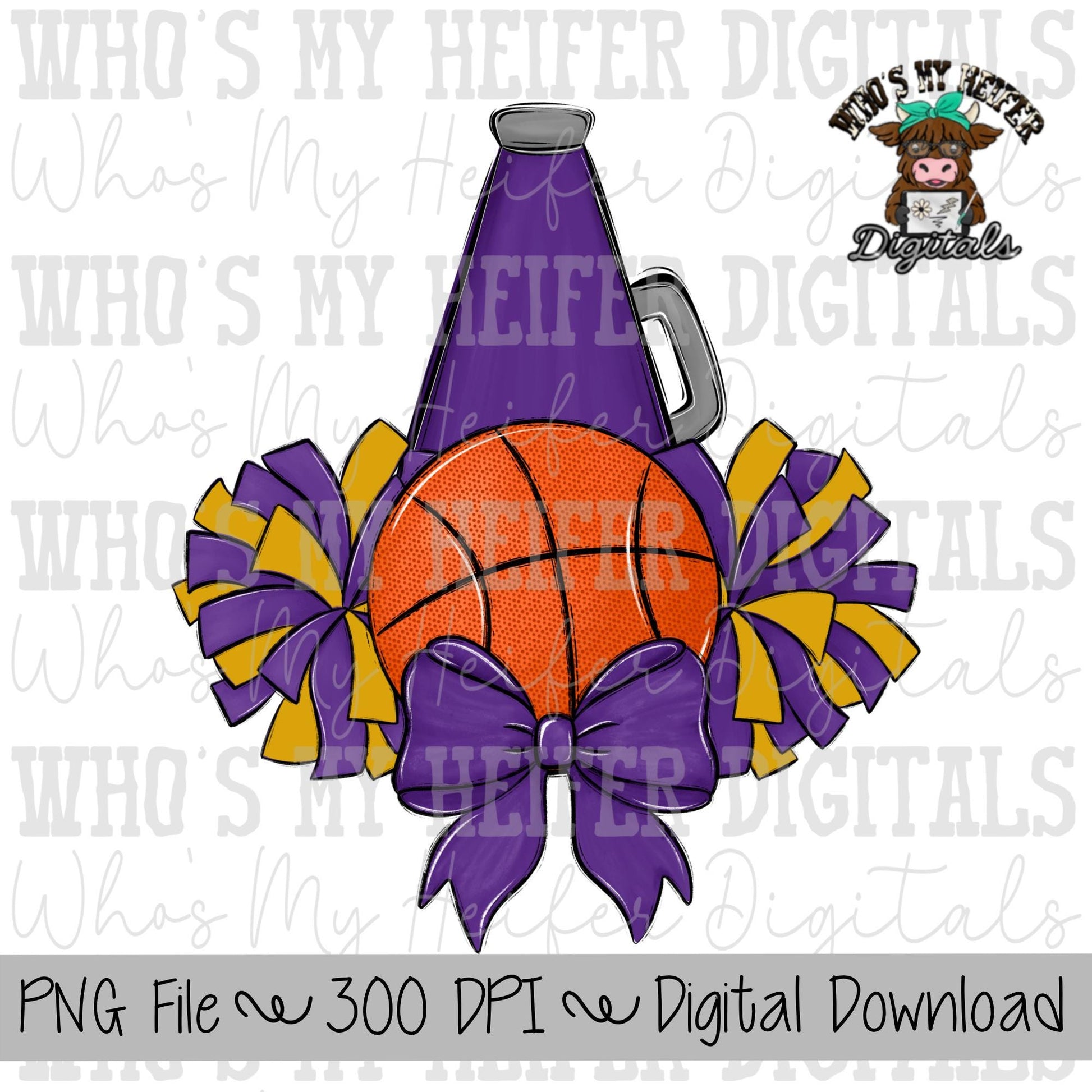 Purple and Gold Basketball Cheer PNG Hand Drawn Basketball, Pompoms, & Cheer Bow Sublimation PNG Girl Game Day Shirt Design Cheer Clipart