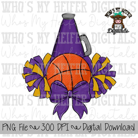 Purple and Gold Basketball Cheer PNG Hand Drawn Basketball, Pompoms, & Cheer Bow Sublimation PNG Girl Game Day Shirt Design Cheer Clipart
